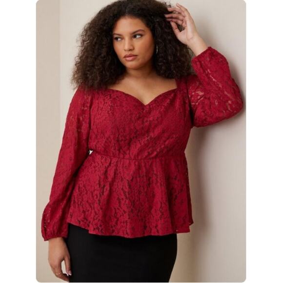 torrid Tops - Torrid lace puff sleeve peplum blouse wine tasting maroon red size 4 plus 4X